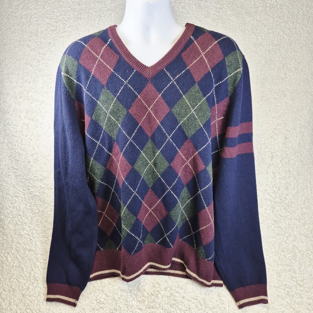 Brooks Brothers 346 Sweater Men’s XL Lambswool Argyle V-Neck Pullover Navy